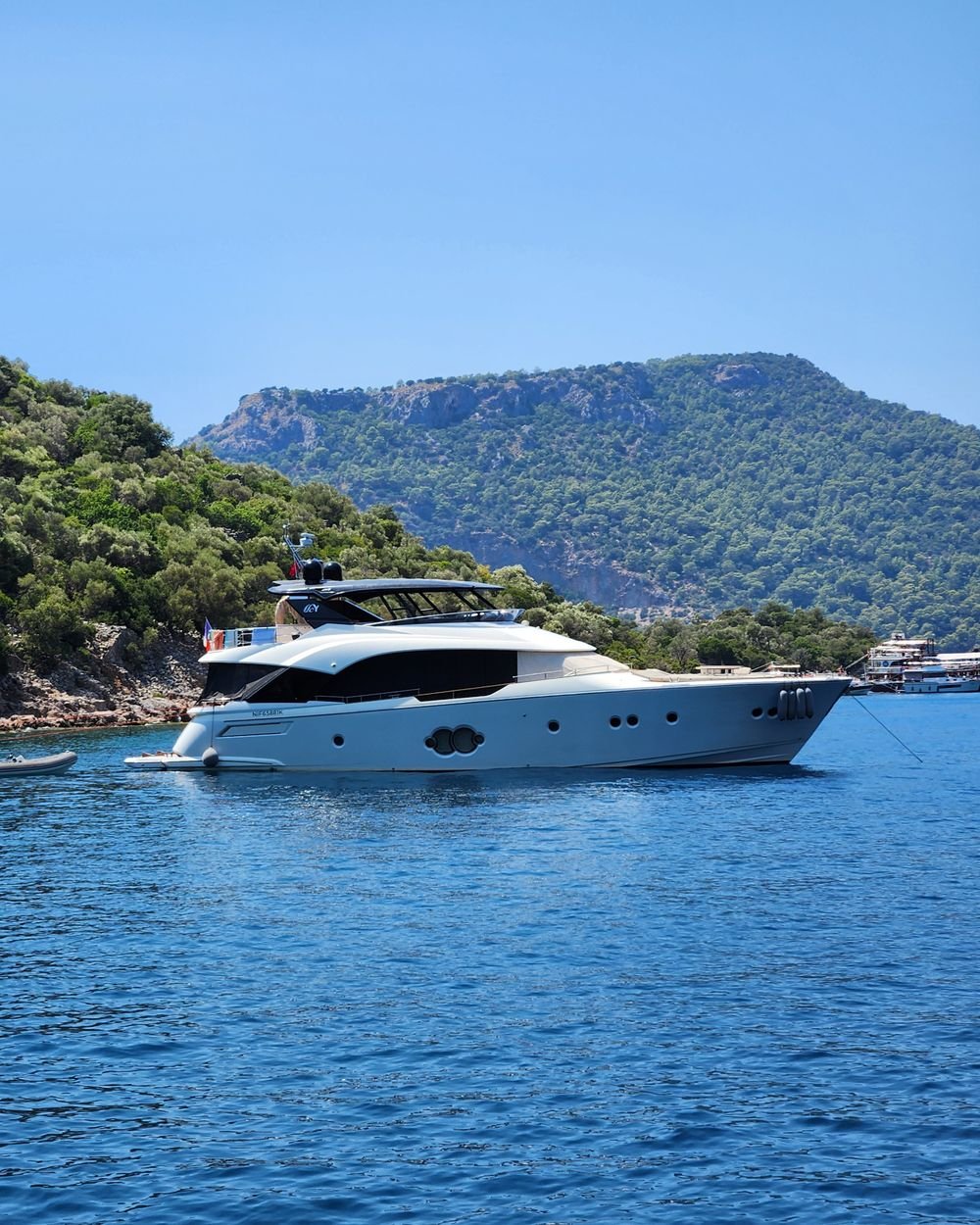 Large flybridge motor yacht at anchor