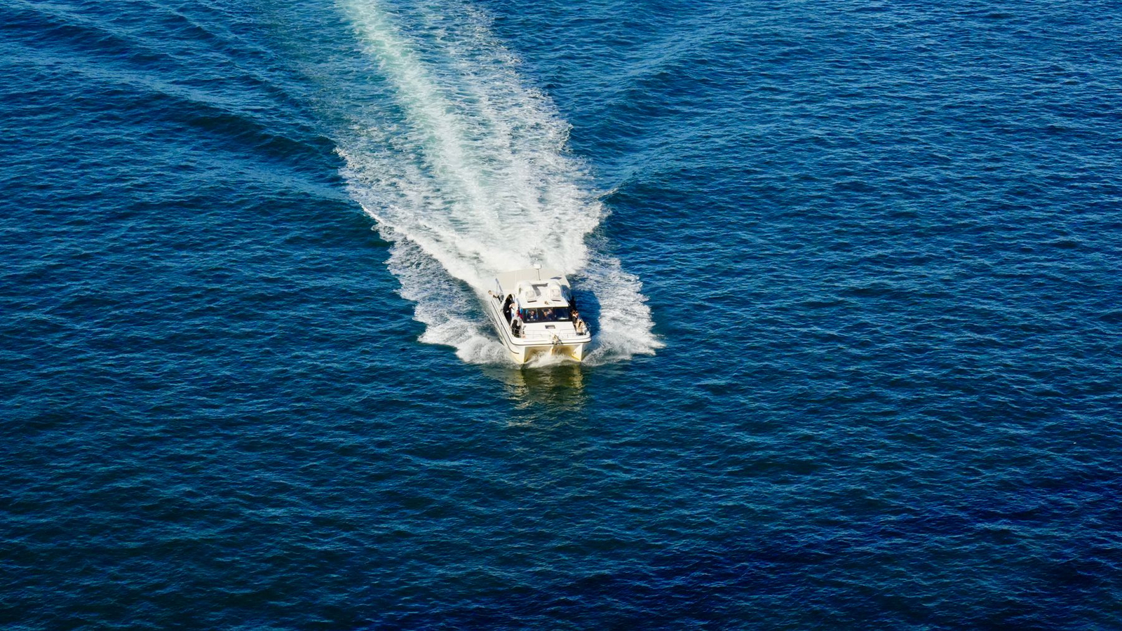 Speedboat carving a turn on open water