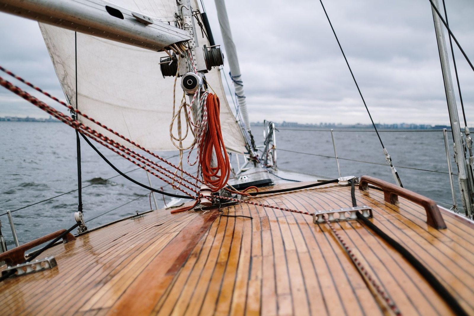 The deck of a sailboat under way on the open ocean